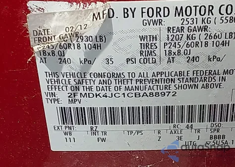 2012 Ford Edge Sel from USA, damaged, VIN 2FMDK4JC1CBA88972